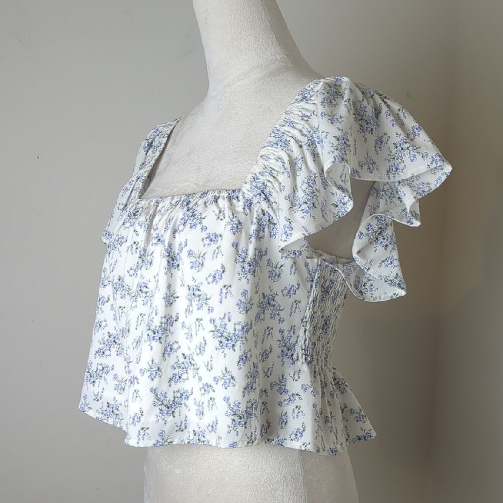 Floral Milkmaid Squared Neck Fluttered Sleeve Smocked Cropped Top Size M
